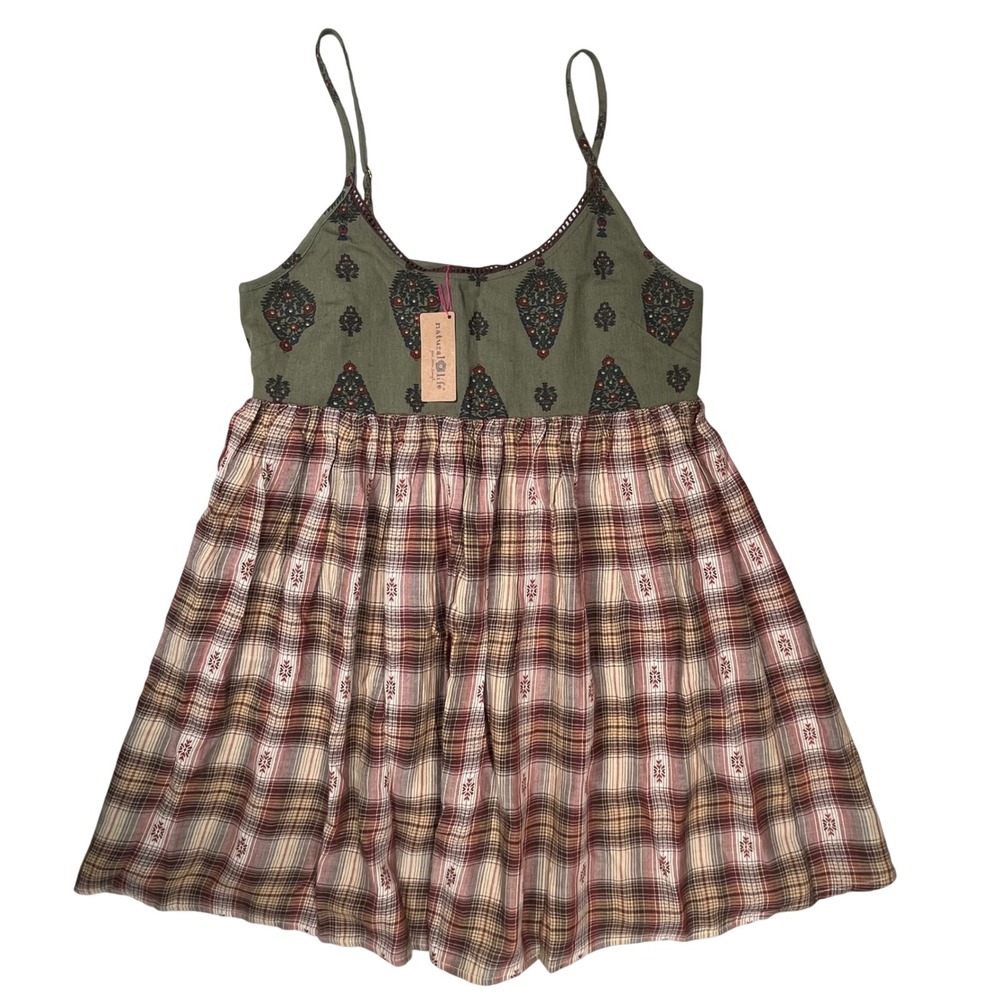 New Natural Life Gigi Cami Dress XS Green Plaid Linen Blend Boho Babydoll NWT